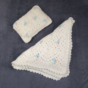 Crochet BABY BLANKET AFGHAN Lap Granny Squares 32"x38" Pink Off White Blue Yello